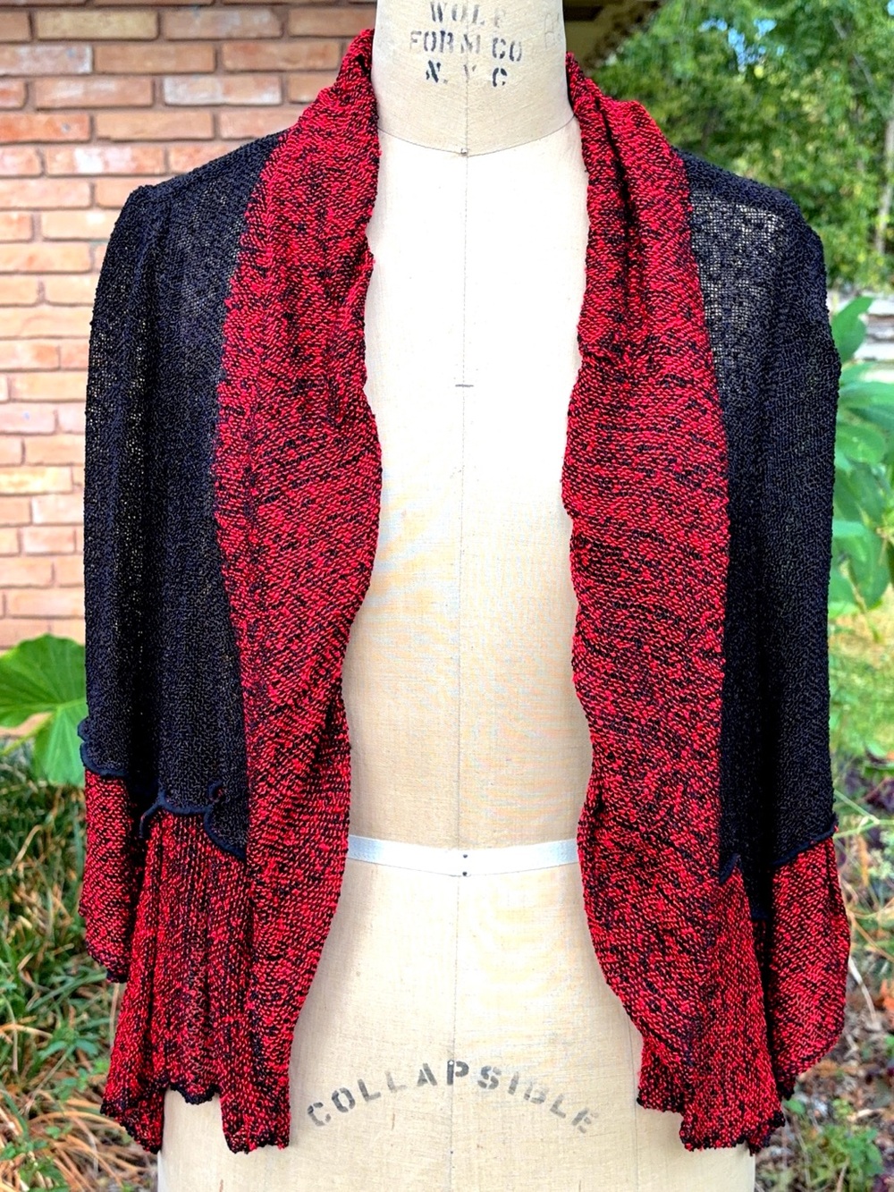 Dahlia Popovits Handwoven Red Black Draped Open Front Art to Wear Jacket Artisan